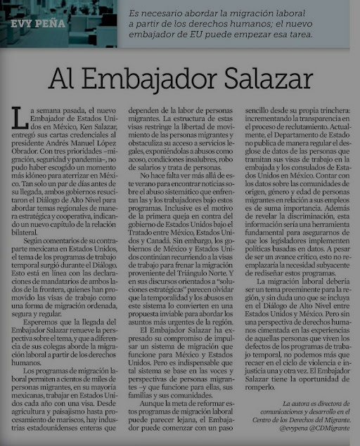 Nuestro nuevo editorial: el Embajador Salazar debe escuchar a las personas trabajadoras migrantes